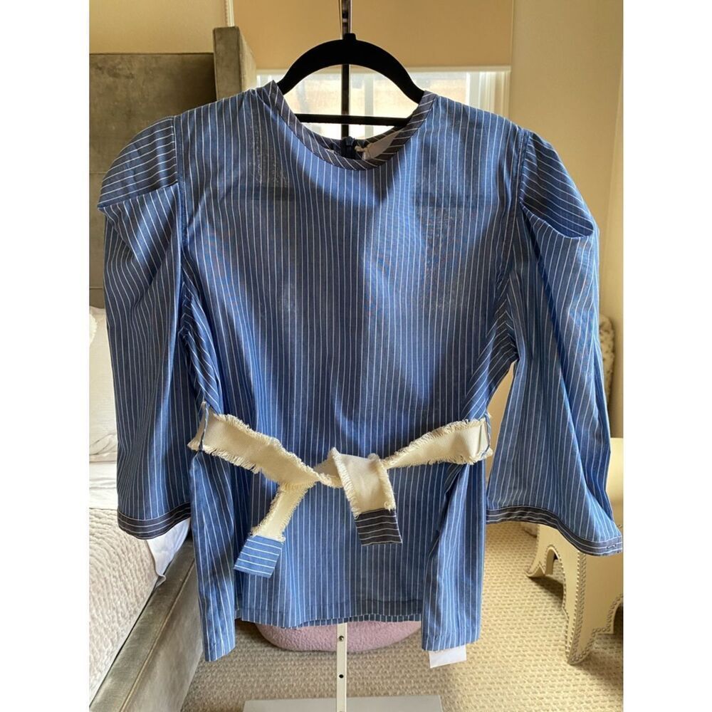 Striped Blue Puff-Sleeve Blouse - Women's